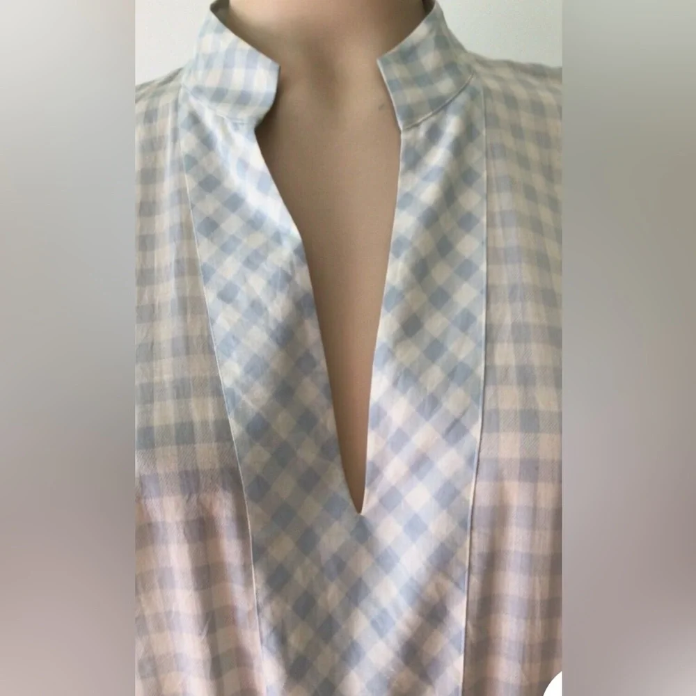 Tory Burch Light Blue & White Gingham Long Sleeve Drawstring Dress